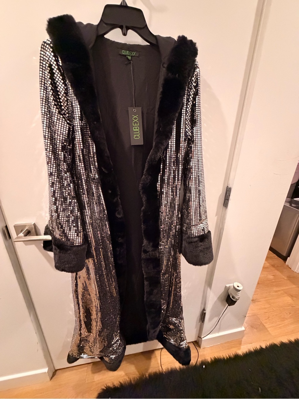 Sequin Hooded Robe with Faux Fur Trim - Black